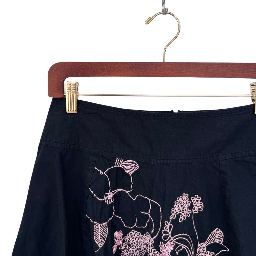 Black Floral Embroidered Cotton A-Line Skirt Pink Sequin Small - Picture 3 of 6